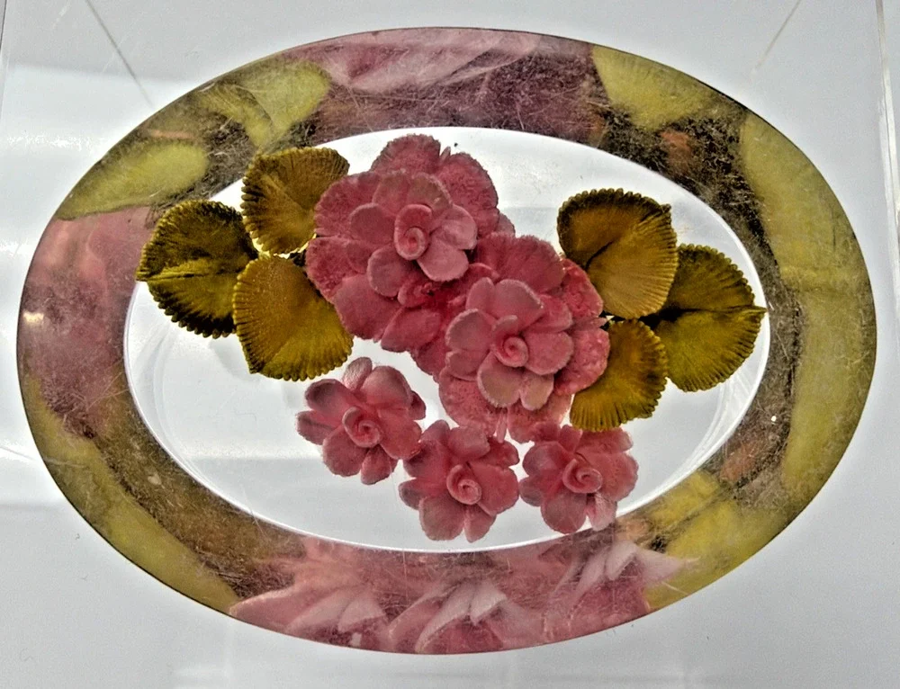 Vintage Clear Lucite Pin Brooch Rose Flower Bud Floral Pink Green Leaves